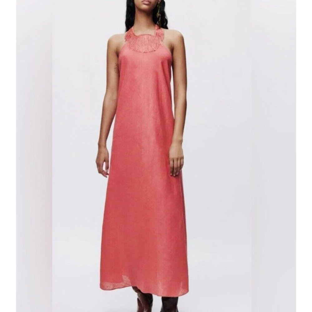 Zara Limited Edition Coral FringeLinen Halter Maxi Dress Size XS - Picture 3 of 11